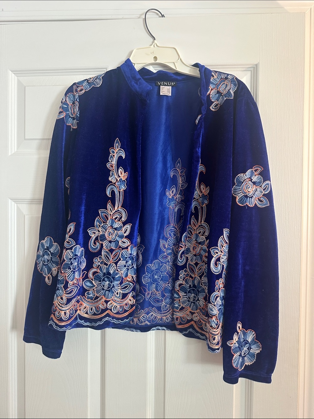 VENUS Royal Blue Velvet Embroidered Open Jacket